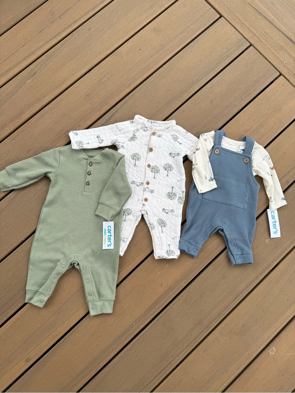 Carter's Sage Green, Cream Tree Print & Dusty Blue Baby One-Piece Set